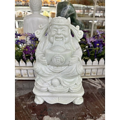 Tượng ông Thần Tài kim tiền, thần phát cầm thỏi vàng kim nguyên bảo phong thủy mang lại may mắn tài lộc đá cẩm thạch trắng xanh đặt bàn thờ thần tài - Cao 25 cm