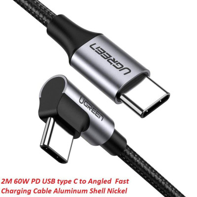 Ugreen 50125 2M 60W bẻ góc 90 độ hỗ trợ sạc nhanh PD cáp USB type C màu đen mạ nickel đầu bọc nhôm Ugreen US255 - Hàng Chính Hãng