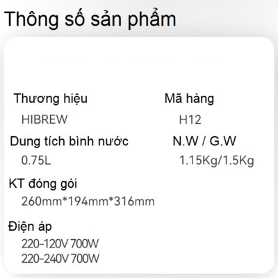 Máy pha cà phê, pha trà tự động Drip thương hiệu HiBREW H12 - Dung tích 750ml - Công suất 700W - Hàng chính hãng
