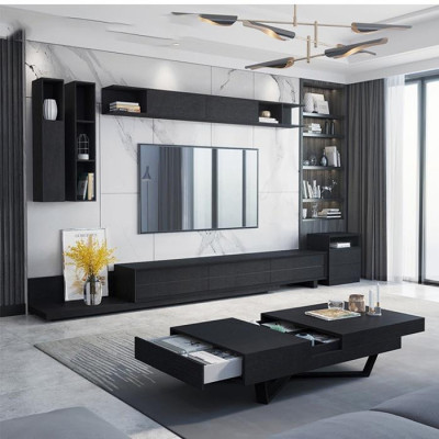 COMBO kệ tivi bàn trà hiện đại vân sồi đen, Bộ nội thất phòng khách cao cấp nhập khẩu