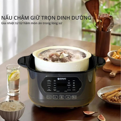 Nồi nấu chậm lòng sứ 3L Mishio MK397 kèm xửng hấp và 4 thố sứ tiện lợi không lo cháy khét hay bong tróc chống dính - Hàng chính hãng
