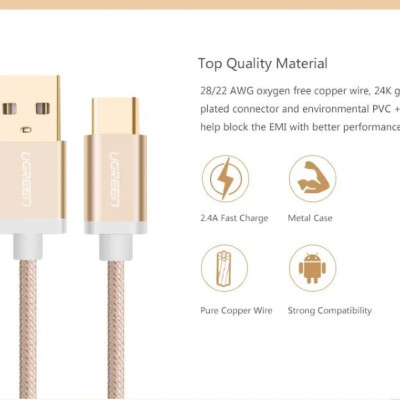 Ugreen UG20861US174TK 1.5M màu Vàng Dây USB 2.0 sang Type-C đầu nhôm dây bọc vinyl - HÀNG CHÍNH HÃNG