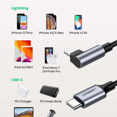 Ugreen UG60765US305TK 2M PD 20V 3A bẻ 90 độ MFI đầu lightning cáp USB type C ra Lightning bọc nhôm chống nhiễu màu đen - HÀNG CHÍNH HÃNG