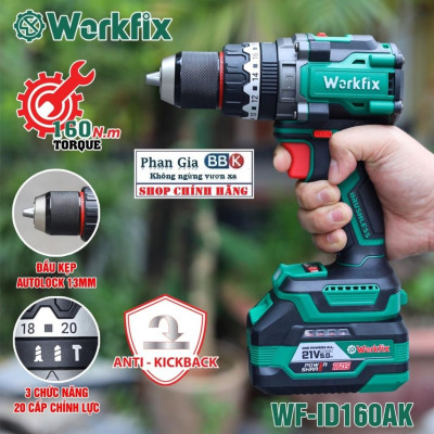 Máy Khoan pin 3 chức năng WORKFIX 160N (WF-ID160AK) Không chổi than, Có AnTi-Kick Back , Bảo hành chính hãƞg.