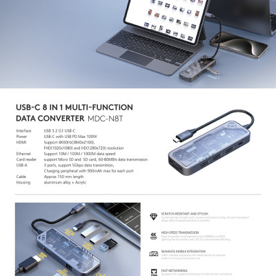 Hub Chuyển Đổi MicroPack EXPAND MDC-N8T 8 Trong 1 Kết Nối Type-C Thiết Kế Lộ Bo Mạch Bên Trong Nhìn Hiện Đại Phong Cách Hàng Chính Hãng