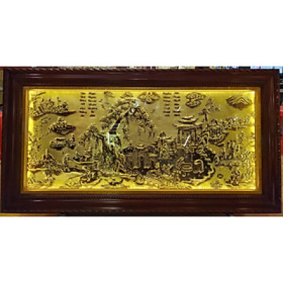 Tranh đồng vàng liền tấm khung gỗ gẵn đèn led- Đồng quê cấy cày