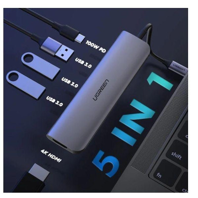 Ugreen UG70508CM287TK 5 trong 1 bộ chuyển usb Type-C ra hdmi + PD 12W + 3x usb 3.0 + LAN RJ45 - HÀNG CHÍNH HÃNG