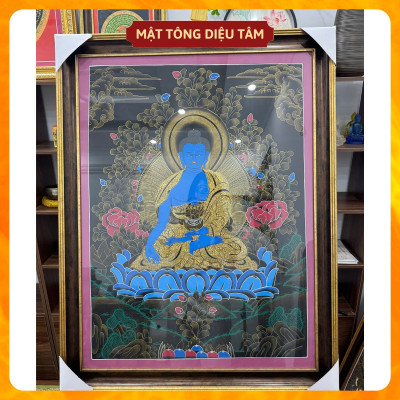 Tranh Thangka Dược sư Thủ Công Nepal Tranh Phật Dược Sư Xanh Dương handmade 92cm Biểu Tượng Chữa Lành Mật tông Diệu Tâm