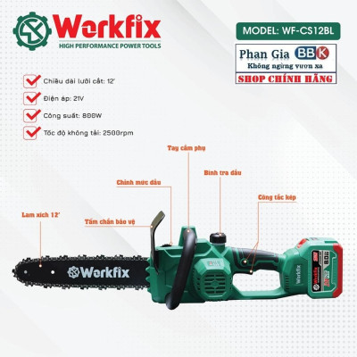 Máy cưa xích pin WORKFIX 21V (WF-CS12BL) 2 Pin 15cell, Động cơ Không chổi than,Cưa Cây, Cắt Cành, Tra Dầu Tự Động