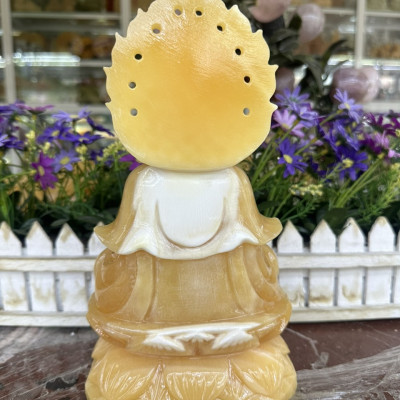 Tượng Phật Bà Quan Âm ngồi đài sen đá ngọc hoàng long - Cao 25 cm