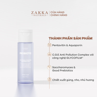 Toner 2 Trong 1 Hỗ Trợ Làm Sạch Và Cấp Ẩm Probiotic Anti-Pollution & Hydrating Dual Effect Zakka Naturals 30ml