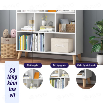 Tủ Kệ Sách Gỗ Đa Tầng 4 Chân Cao Cấp FIVO Mẫu FB60 Màu Gỗ, Nội Thất Lắp Ráp Đơn Giản, Nhiều Ngăn Rộng Rãi (Có Kèm Tấm Lưng)