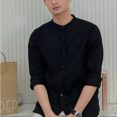 Áo sơ mi nam cổ tàu vải Linen dài tay form rộng style Hàn trẻ trung, năng động
