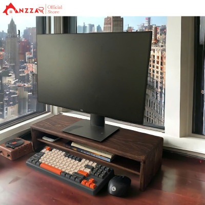Kệ Màn Hình Máy Tính Monitor Màu Nâu Rustic Kệ Gỗ Kê Màn Hình Uốn Cong Có Ngăn Kéo Độc Đáo Sang Trọng Anzzar-09