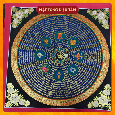 Tranh Mandala Lục Tự Chân Ngôn tranh Chú Om Vẽ Tay Thủ Công họa sư Nepal 55cm kim cương thừa [ tranh KHÔNG KHUNG] Mật tông Diệu Tâm
