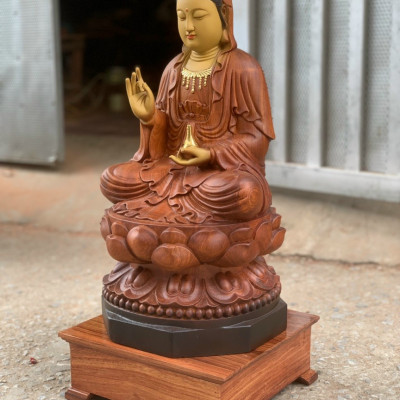 Tượng phật bà quan âm bồ tát bằng gỗ hương đá tô làm mầu giả cổ kt cao 50cm
