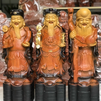 Bộ tượng phật tam đa phúc lộc thọ bằng gỗ hương tô làm mầu giả cổ kt cao 60×18×16cm 