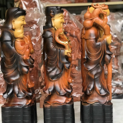Bộ tượng phật tam đa phúc lộc thọ bằng gỗ hương tô làm mầu giả cổ kt cao 60×18×16cm 