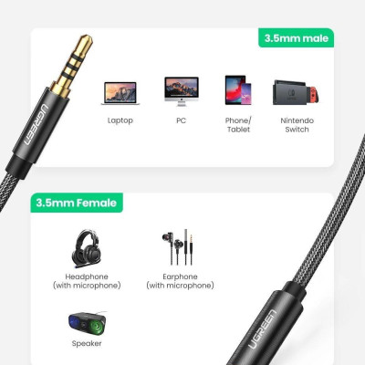 Ugreen UG60847AV118TK 2M màu đen 3.5mm 3 ngấn nối dài Cáp âm thanh dây bện nylon 50cm hỗ trợ micro - HÀNG CHÍNH HÃNG