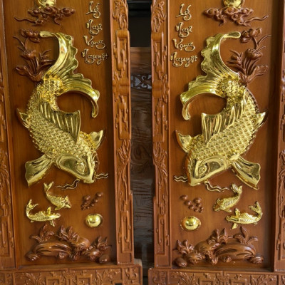 CẶP TRANH LÝ NGƯ  VỌNG NGUYỆT KHẮC CHỮ PHÚC ĐỨC BẰNG GỖ GÕ ĐỎ KT 37×117×4CM