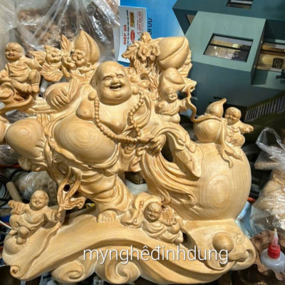 Tượng phật di lặc ngũ phúc bằng gỗ ngọc am thơm nức kt 40x35x14cm 