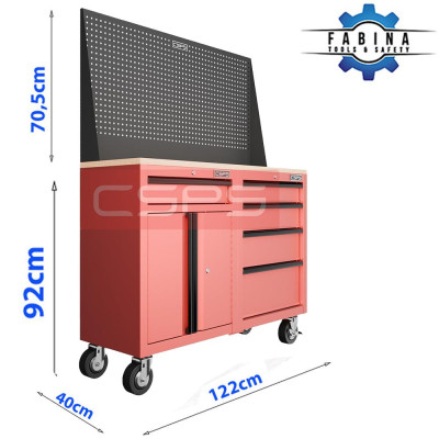 Bộ 2 Tủ dụng cụ CSPS 122cm 05 hộc kéo màu đỏ mặt ván gỗ kèm vách lưới