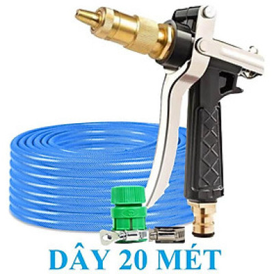 ️ Bộ dây vòi xịt nước rửa xe, tưới cây , tăng áp 3 lần, loại 20m 206236 đầu đồng, đai, nối vòi vàng