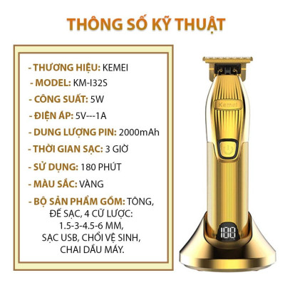 Tông đơ chấn viền cao cấp KEMEI KM-I32S không dây sử dụng đế sạc USB màn hình LED hiển thị thông minh dùng để cạo trắng, cắt tóc cạo trọc đầu có móc treo tiện lợi