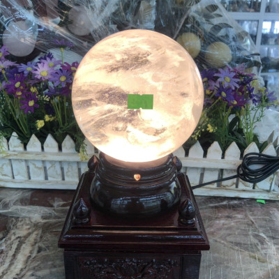 Bi đèn xoay phong thủy đá canxit trắng vân mây nặng 2,6 kg