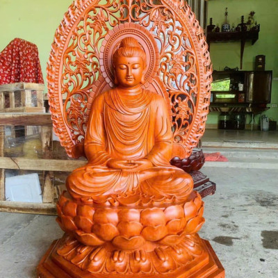 Tượng bổn sư thích ca mô ni phật bằng gỗ hương đá kt cao 81x56x52cm + lá chắn hào quang cao tổng 1m17cm 
