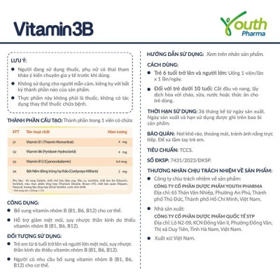 Viên Uống Vitamin 3B Youth Pharma Bổ Sung Vitamin Nhóm B (B1, B6, B12) - Hộp 100 Viên