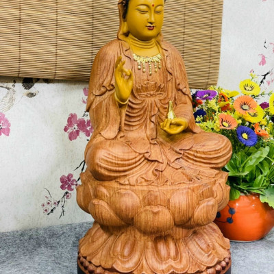 Tượng phật bà quan âm bồ tát bằng gỗ hương đá tô làm mầu giả cổ kt cao 50×25×25cm