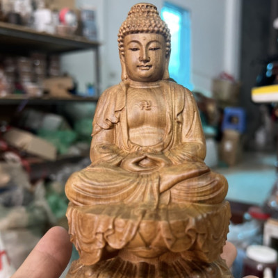 Tượng phật adi đà bằng gỗ bách xanh kt cao 15×9×9cm 