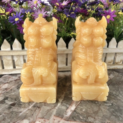 Cặp Kỳ Lân phong thủy gác cổng đá ngọc hoàng long - Cao 15 cm