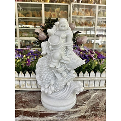 Tượng Phật Di Lặc ngồi trên cá chép phong thủy đá cẩm thạch trắng - Cao 30 cm
