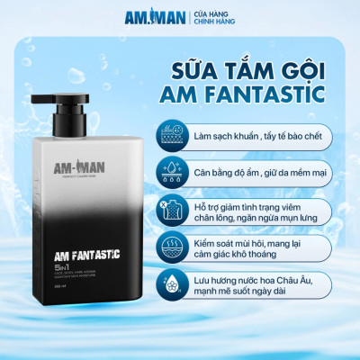 Combo tinh hoa nam giới AM MAN: Sữa tắm gội nam AM FANTASTIC 5in1 365ml & Gel rửa mặt AM AGERASIA 100ml & Bọt vệ sinh nam AM CHERISH 120ml kèm hộp túi làm quà tặng