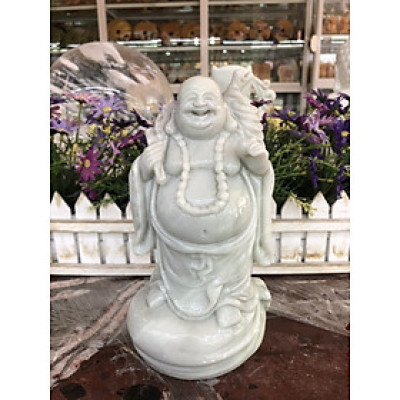 Tượng phật Di lặc đứng trên túi tiền đá trắng xanh - Cao 20cm