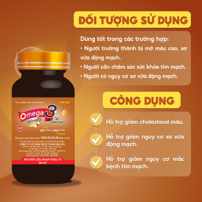 Viên Uống Hỗ Trợ Tim Mạch Omega 3 VINH GIA 2 Giàu EPA, DHA Tăng Cường Sức Khoẻ, An Toàn, Hiệu Quả Hộp 60 Viên 01O002
