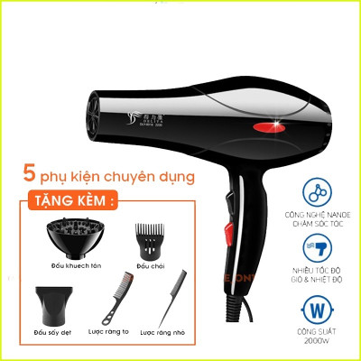 Máy Sấy Tóc Công Suất Lớn 2200W Tặng Kèm 5 Phụ Kiện - Hàng chính hãng