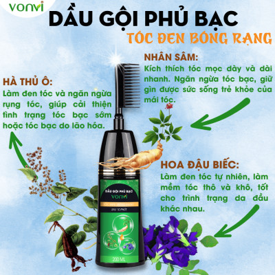 Dầu gội phủ bạc VONVI giúp tóc đen tự nhiên bóng rạng sau 10 phút với thiết kế lược chải đen tóc thông minh, không xót, không làm đen da đầu 200 ml