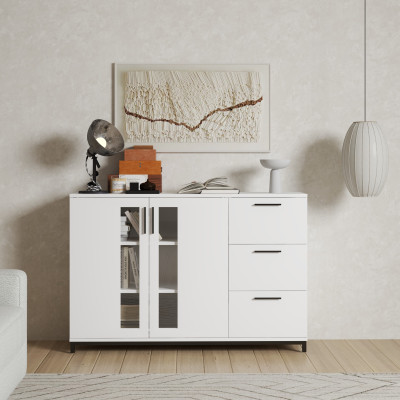 [Happy Home Furniture] LOUIS , Tủ lưu trữ 3 ngăn kéo 2 cửa mở - chân sắt , 126cm x 36cm x 84cm ( DxRxC), THK_058