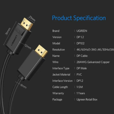 Ugreen UG10213DP102TK 5M Màu Đen Cáp 2 Đầu Displayport chuẩn V1.2 thuần đồng - HÀNG CHÍNH HÃNG