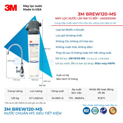 [SIÊU TỐC] Máy Lọc Nước 3M BREW120-MS | ICE140-S Uống Trực Tiếp Từ Vòi, Lắp Âm Tủ Bếp - Hàng Chính Hãng 3M, Nhập Khẩu Mỹ