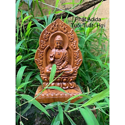 Tượng phật bản mệnh ,phật adi đà tuổi (tuất, hợi ) bằng gỗ bách xanh thơm nức kt 15×8×4cm