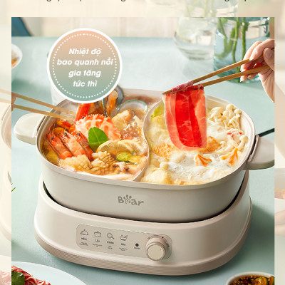 Nồi Lẩu 2 Ngăn Bear Đa Năng Nhiều Chế Độ Nấu Lẩu Hầm Ninh Chiên Rán Xào Chống Dính Cực Tốt Kháng Khuẩn 99,99% - SB NL60U HÀNG CHÍNH HÃNG