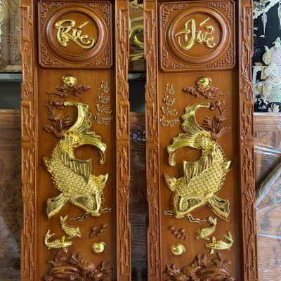 CẶP TRANH LÝ NGƯ  VỌNG NGUYỆT KHẮC CHỮ PHÚC ĐỨC BẰNG GỖ GÕ ĐỎ KT 37×117×4CM