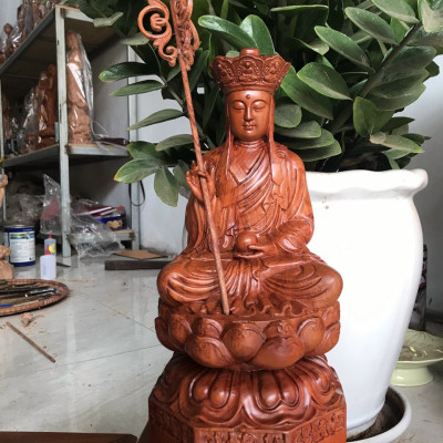 Tượng phật địa tạng vương bồ tát dáng ngồi bằng gỗ hương đá kt cao 50×25×25cm
