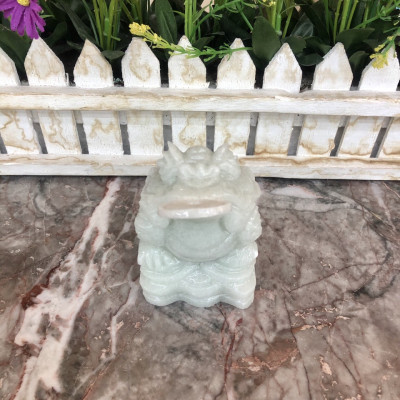 Tượng Cóc Ba Chân, Cóc Ngậm Tiền, Thiềm Thừ phong thủy chiêu tài lộc đá cẩm thạch trắng xanh - Dài 7 cm