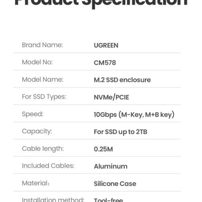 Ugreen UG15512CM578TK NVME USB type C 3.1 Gen2 tốc độ 10Gbps có kèm 2 cáp A-C + C-C dài 0.5M - hỗ trợ SSD 2Tb - Vỏ nhôm Box đọc ổ cứng SSD M.2 Màu Đe - HÀNG CHÍNH HÃNG