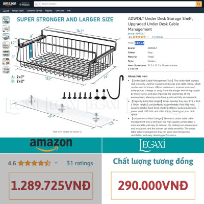 Khay lưới khung sắt để đồ Dán/ Vít dưới bàn làm việc bàn học làm việc ngăn bàn, hộc bàn văn phòng phẩm Legaxi